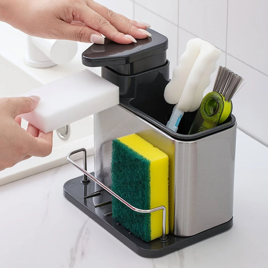 Kitchen Organizer Made of Stainless Steel - Includes a Dish Soap Dispenser, Sponge Holder, And Utensil Rack with a Drainage Tray